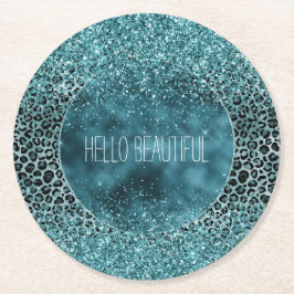 Glam Türkis Aquamarin Blue Leopard Print Glitzer Runder Pappuntersetzer