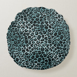 Glam Türkis Aquamarin Blue Leopard Print    Rundes Kissen