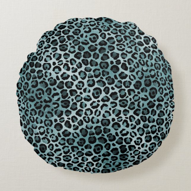 Glam Türkis Aquamarin Blue Leopard Print    Rundes Kissen (Vorderseite)