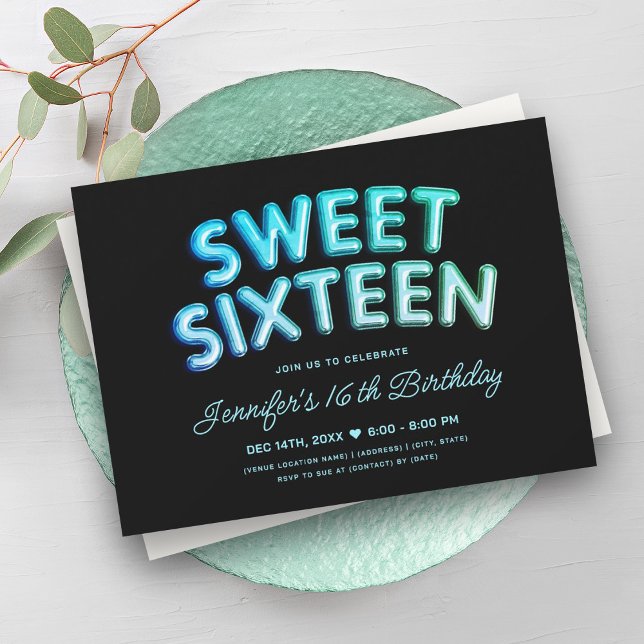 Glam Turquoise Aquamarin Balloons Schwarzer Sweet  Einladung (Glam Turquoise Teal Balloons Black Sweet 16 Invitation)