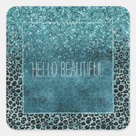 Glam Turquoise Aquamarin Blue Leopard Print Glitze Quadratischer Aufkleber