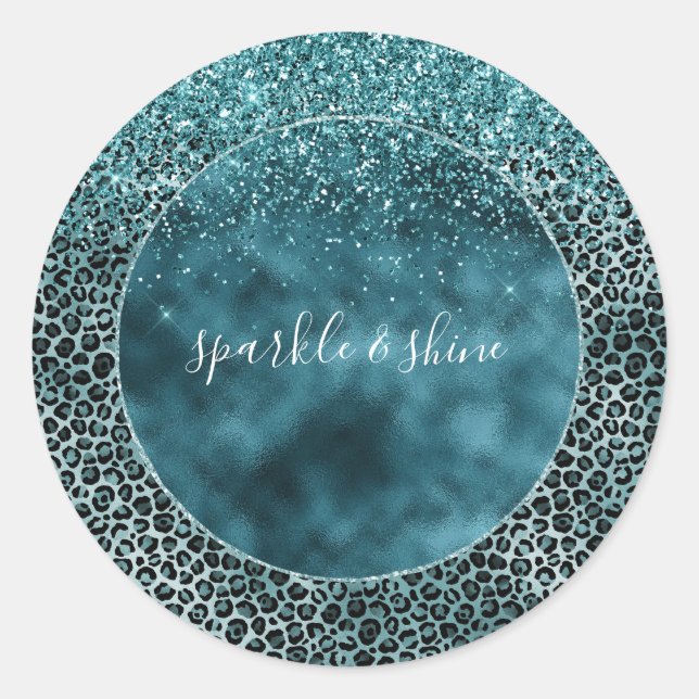 Glam Turquoise Aquamarin Blue Leopard Print Glitze Runder Aufkleber (Vorderseite)