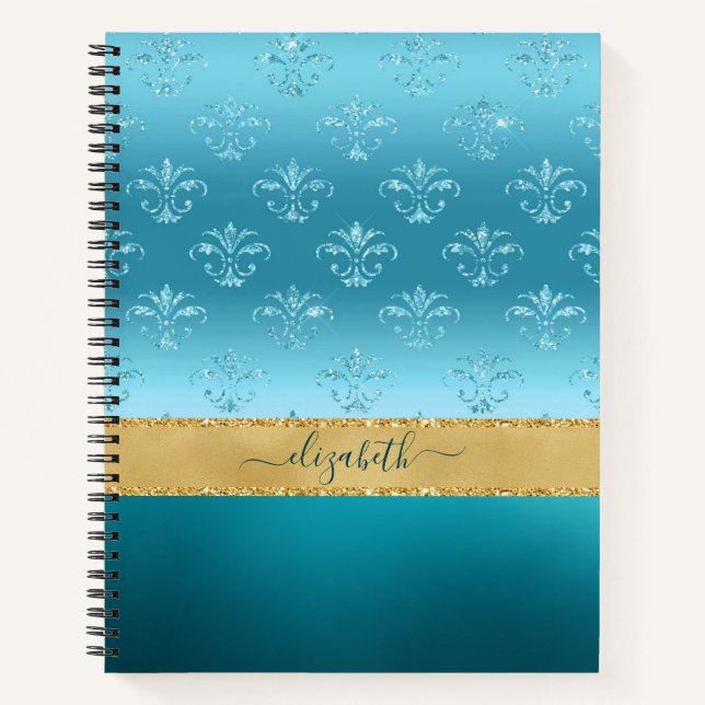 Glam Turquoise Gold Glitzer Elegante Personalisier Notizbuch (Vorderseite)