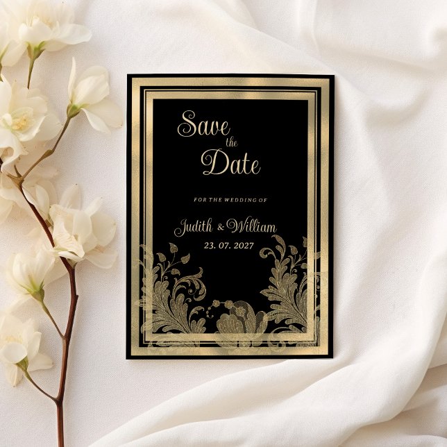 Glam Vintages schwarzes Gold Spitze Blumengestein  Einladung (Glam vintage black gold lace floral Save the Date)