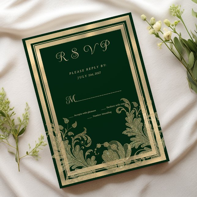 Glam Vintages Schwarzes Gold Spitze Blumenzwiebeln Einladung (Vintage forest green gold floral RSVP )