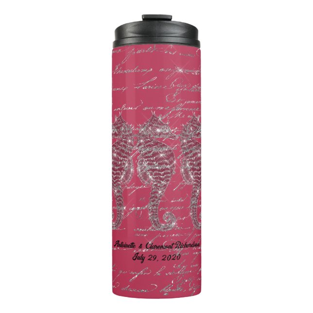 Glam Viva Magenta und Silver Glitzer Seepferd Thermosbecher (Vorderseite)