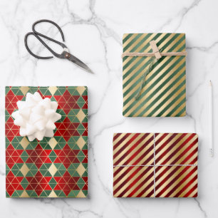 Glam Weihnachten Rot Grün Gold Geometrische Streif Geschenkpapier Set