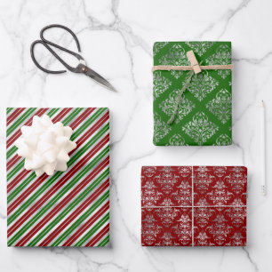 Glam Weihnachten Rot Grün Silber Damast Streifen Geschenkpapier Set