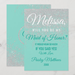 Glam Weiße Glitter Funken Teal Brautjungfer Einladung