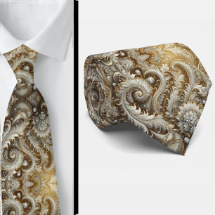Glam Weiße und goldene Spitze Paisley Diamant Kraw Krawatte