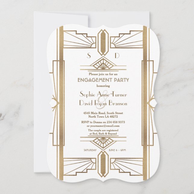 Glam White 1920s Great Gatsby Engagement Party Einladung (Vorderseite)
