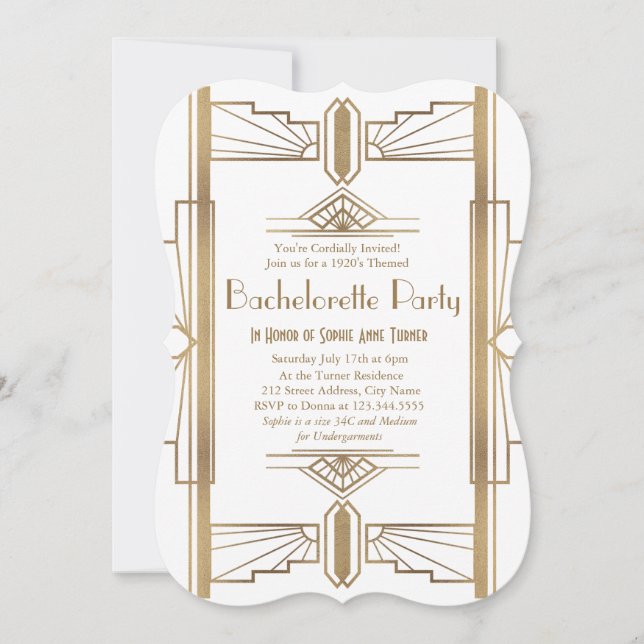 Glam White 1920s Great Gatsby Junggeselinnen-Absch Einladung (Vorderseite)