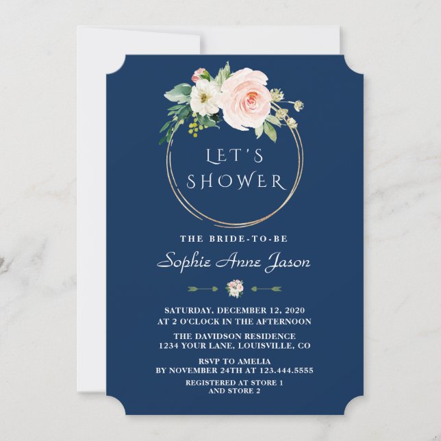 Glam White Blume Gold Frame Blue Brautparty Einladung (Vorderseite)