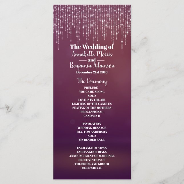 Glam White Fairy Light Lila rosa Wedding Program Programm (Vorderseite)