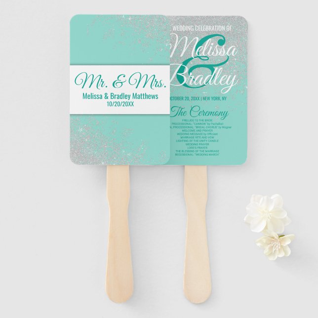 Glam White Glitzer Glitzern Aquamarin Hochzeitspro Fächer (Vorne und Hinten)