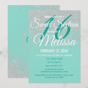 Glam White Glitzer Glitzern Aquamarin Sweet 16 Einladung