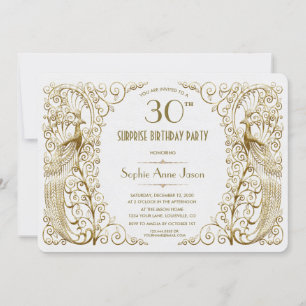 Glam White Gold Art Déco Peacocks Invitation d'ann