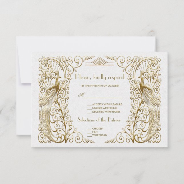 Glam White Gold Art Deco Peacocks Wedding RSVP Karte (Vorderseite)