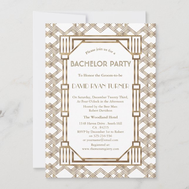 Glam White Gold Great Gatsby 20s Bachelor Party Einladung (Vorderseite)