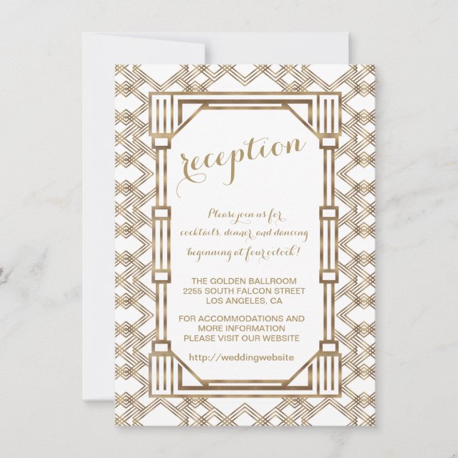 Glam White Gold Great Gatsby Hochzeitsempfang Einladung (Vorderseite)