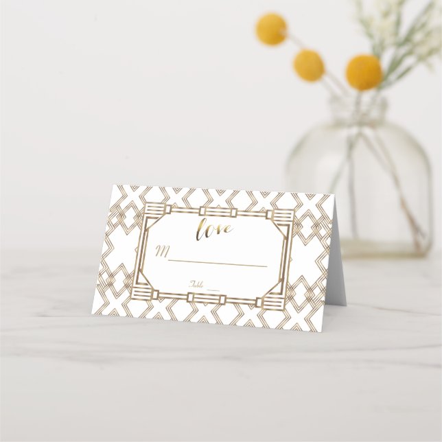 Glam White Gold Great Gatsby Wedding Platzkarte (Vorderseite)
