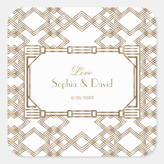 Glam White Gold Great Gatsby Wedding Quadratischer Aufkleber (Vorderseite)