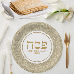 Glam White und Gold Glitzer Jüdischer Pessach Pappteller