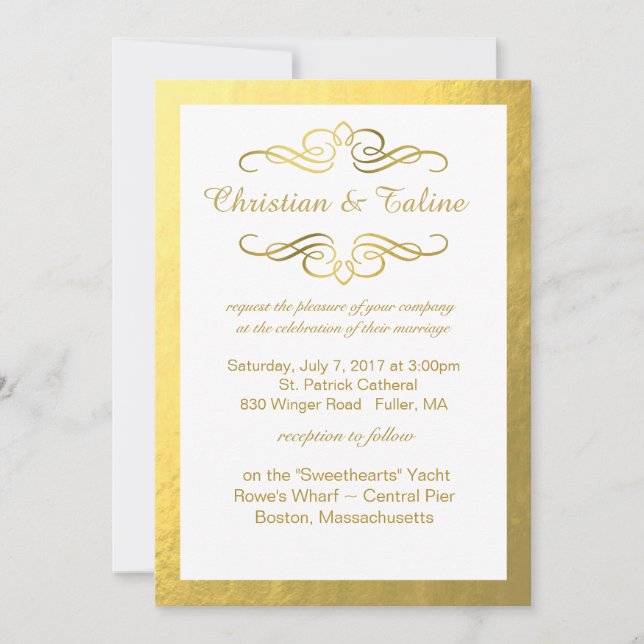 Glam Wirbel Blüh Gold Foil Kontur Hochzeit Einladung (Vorderseite)