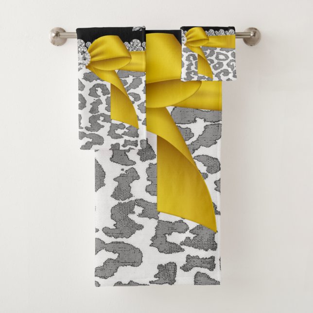 Glam Yellow Bow-Grey Leopard-Silver Floral Sparkle Badhandtuch Set (Insitu)