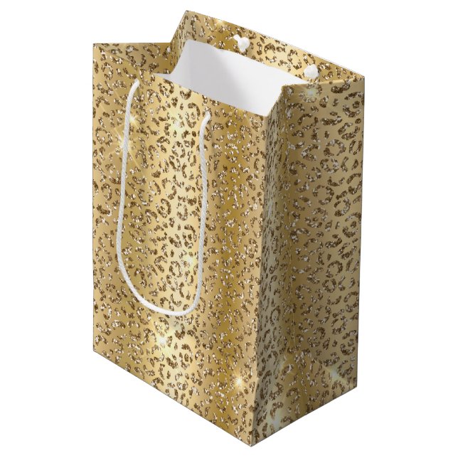 Glam Yellow Glitzer Leopard Mittlere Geschenktüte (Vorderseite Schrägansicht)