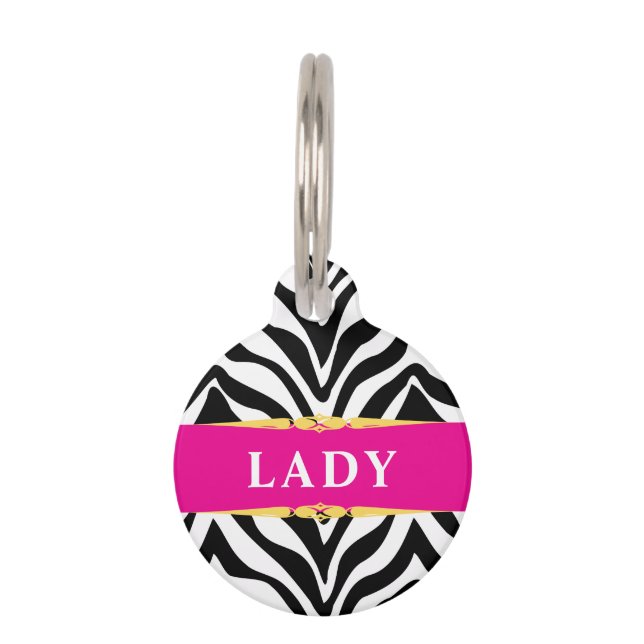 Glam Zebra Print and Hot Pink Personalized Haustiermarke (Vorderseite)