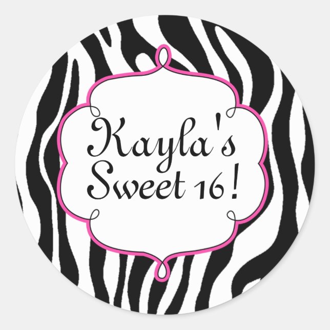 Glam Zebra Print and Pink Sweet 16 Party Sticker (Vorderseite)