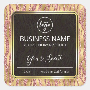 Glam Zebra Print Gold Pink Glitzer Candle Labels Quadratischer Aufkleber