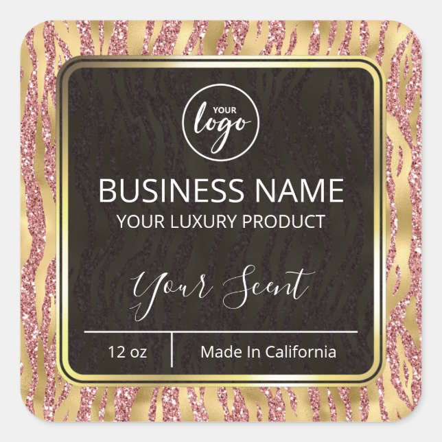 Glam Zebra Print Gold Pink Glitzer Candle Labels Quadratischer Aufkleber (Vorderseite)