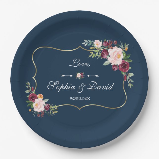 GlamGold Burgundy Blush Bloral Navy Blue Wedding Pappteller (Vorderseite)