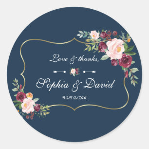 GlamGold Burgundy Blush Bloral Navy Blue Wedding Runder Aufkleber