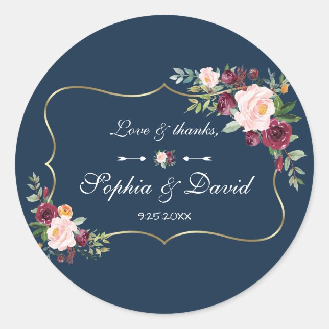 GlamGold Burgundy Blush Bloral Navy Blue Wedding Runder Aufkleber (Vorderseite)