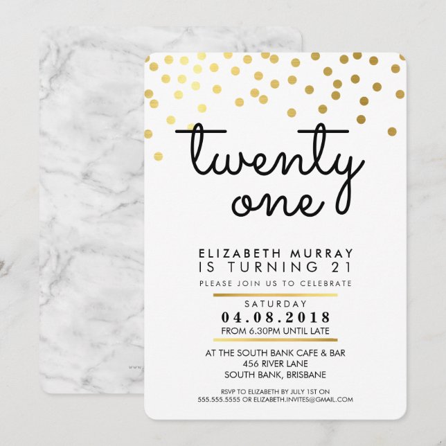 GLAMOROUS 21ème anniversaire INVITATION confetti d (Devant / Derrière)