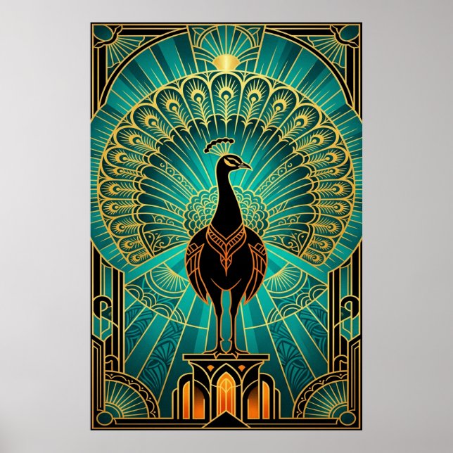 Glamorous Art Deco Peacock Teal & Gold Poster (Vorne)