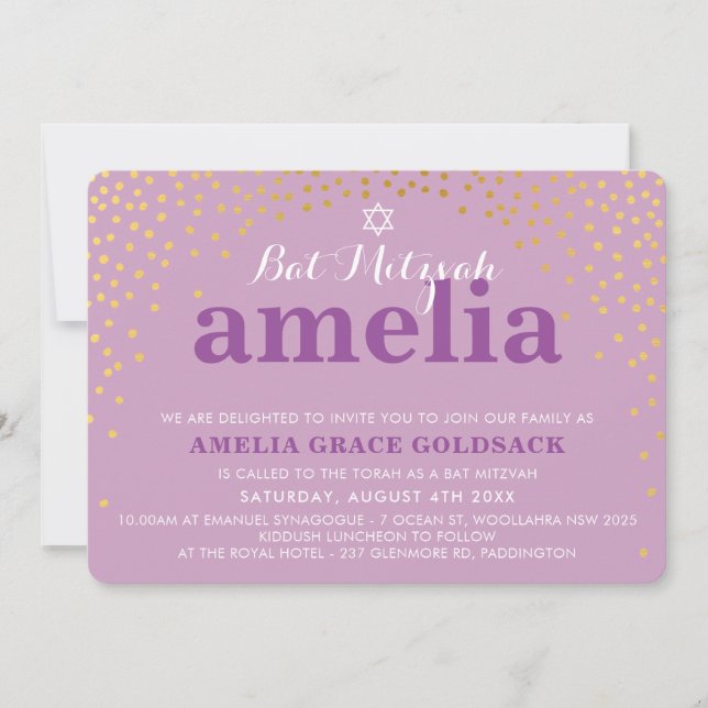 GLAMOROUS BAT MITZVAH rustikale Goldkonfetti lila Einladung (Vorderseite)