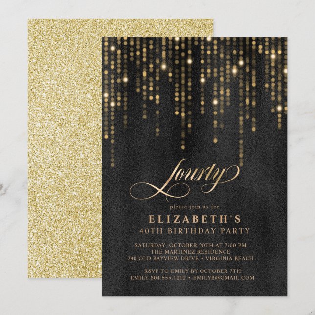 Glamorous Black and Gold Birthday Party  Einladung (Vorne/Hinten)