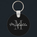 Glamorous black and white name monogram keychain schlüsselanhänger<br><div class="desc">Glamorous black and white name monogram keychain. Classy script typography and custom background color. Elegant design for men women and kids. Monogrammed with your name initial letter. Cute birthday gift idea for dad, father, mom, mother, husband, wife, son, daughter etc. Also nice as party favor at chic weddings, reunion, graduation...</div>