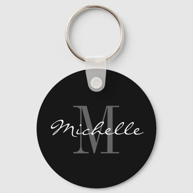 Glamorous black and white name monogram keychain schlüsselanhänger (Vorderseite)
