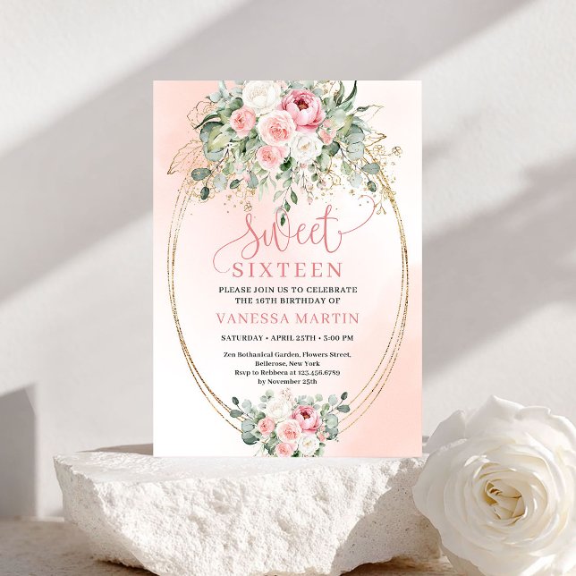 Glamorous Blush Floral Sweet 16 Birthday Invite @ Einladung (Glamorous Blush Floral Sweet 16 Birthday Invitation)