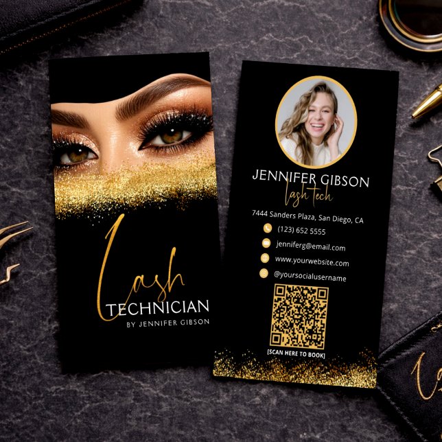Glamorous Gold & Black Lash Tech QR Code  Visitenkarte (Von Creator hochgeladen)