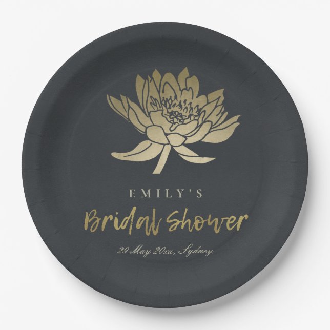 GLAMOROUS GOLD BLACK LOTUS FLORAL BRAUTPARTY PAPPTELLER (Vorderseite)