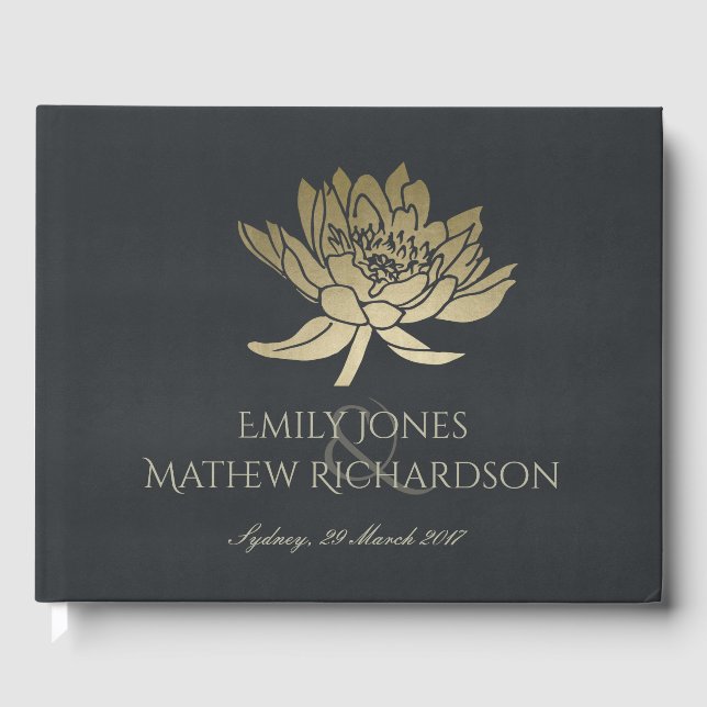 GLAMOROUS GOLD BLUE BLACK LOTUS FLORAL MONOGRAMM GÄSTEBUCH (Vorderseite)
