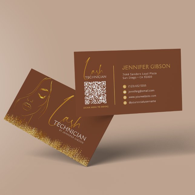 Glamorous Gold & Brown Lash Tech QR Code  Visitenkarte (Von Creator hochgeladen)