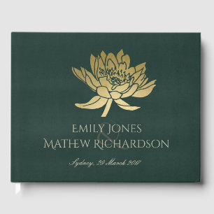 GLAMOROUS GOLD DARK GREEN LOTUS FLORAL MONOGRAMM GÄSTEBUCH