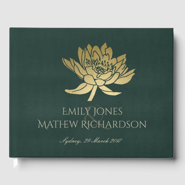 GLAMOROUS GOLD DARK GREEN LOTUS FLORAL MONOGRAMM GÄSTEBUCH (Vorderseite)